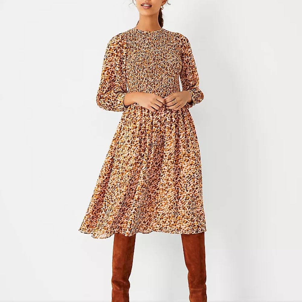 Ann Taylor Smocked Midi Leopard Print Dress